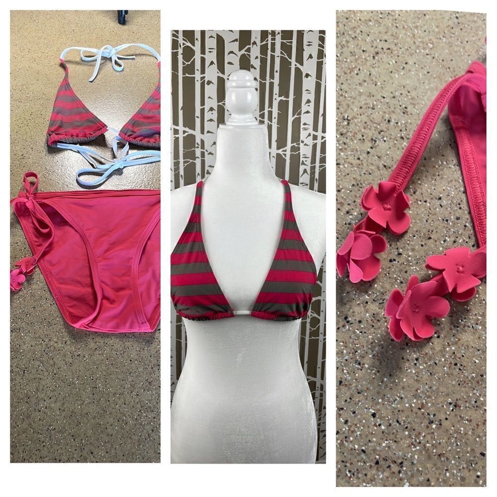 GAP Body pink and tan striped bikini with floral accents